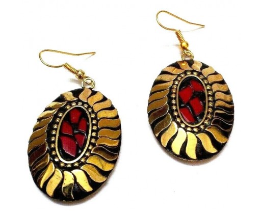 Retro Metal Earring - Ethnic Tribal Fusion - Drop Dangle Hook Long - Leafy Gold 1